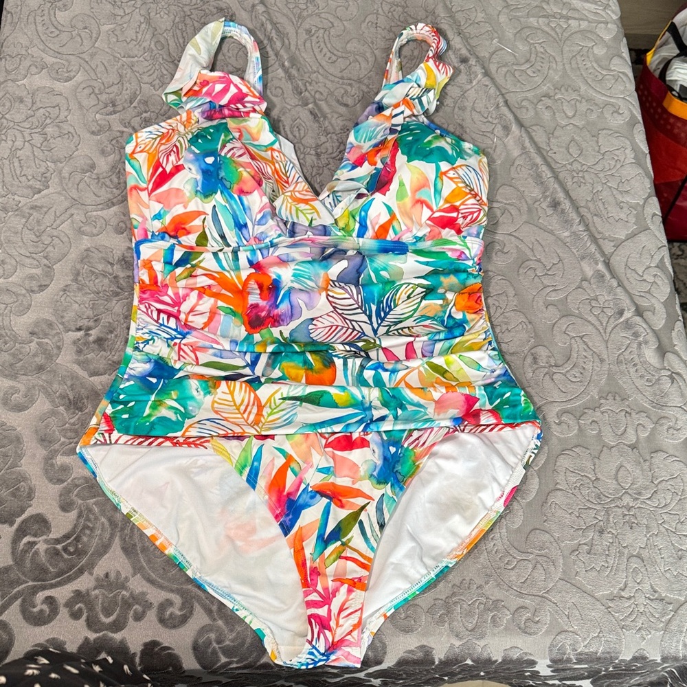 Lauren Ralph Lauren Multicolor womens 1 Piece v-neck ruffle slimming Swimsuit XL